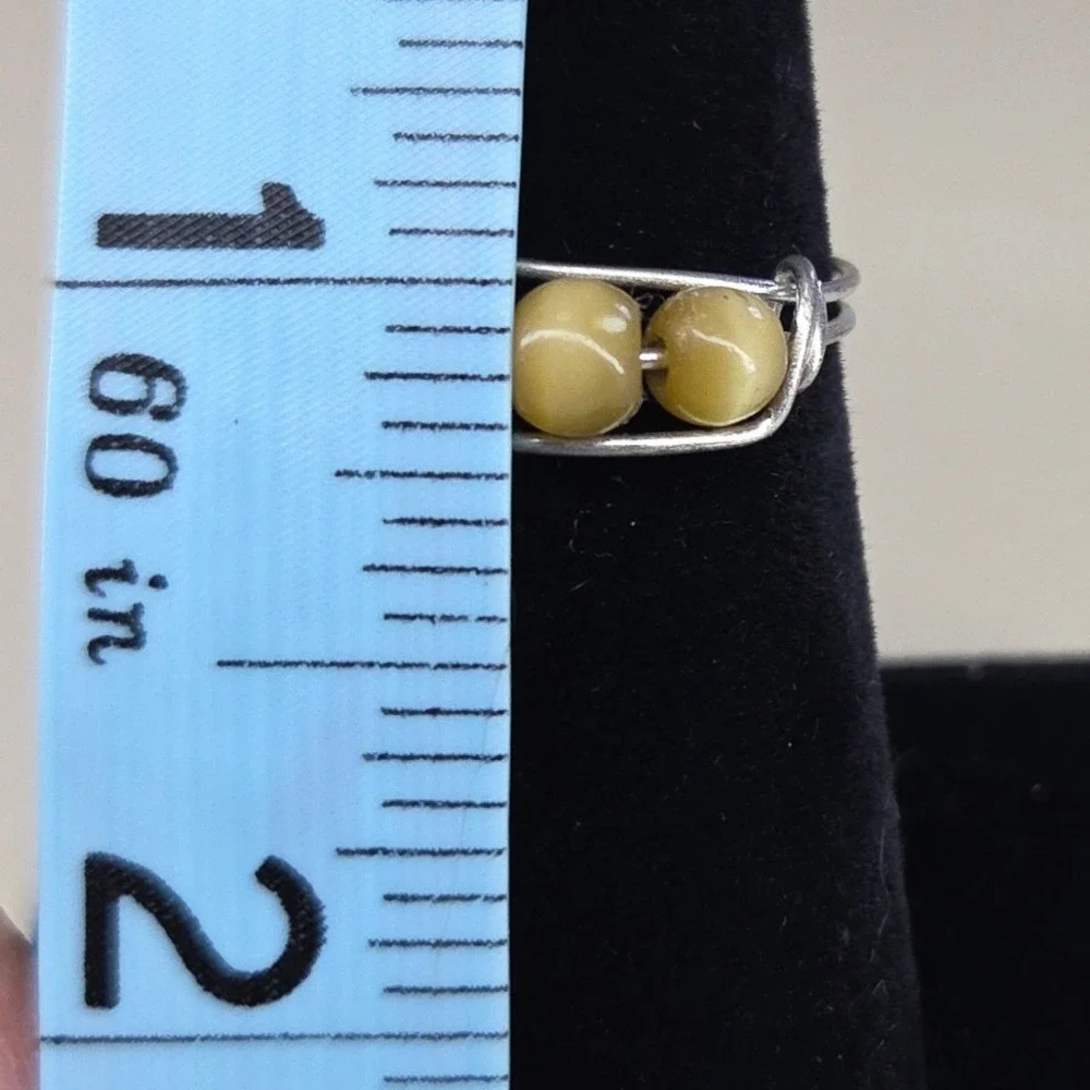 Handmade Wire Wrapped Ring Silver Tone Yellow Cat Eye Beads‎ Size 7.5 Boho